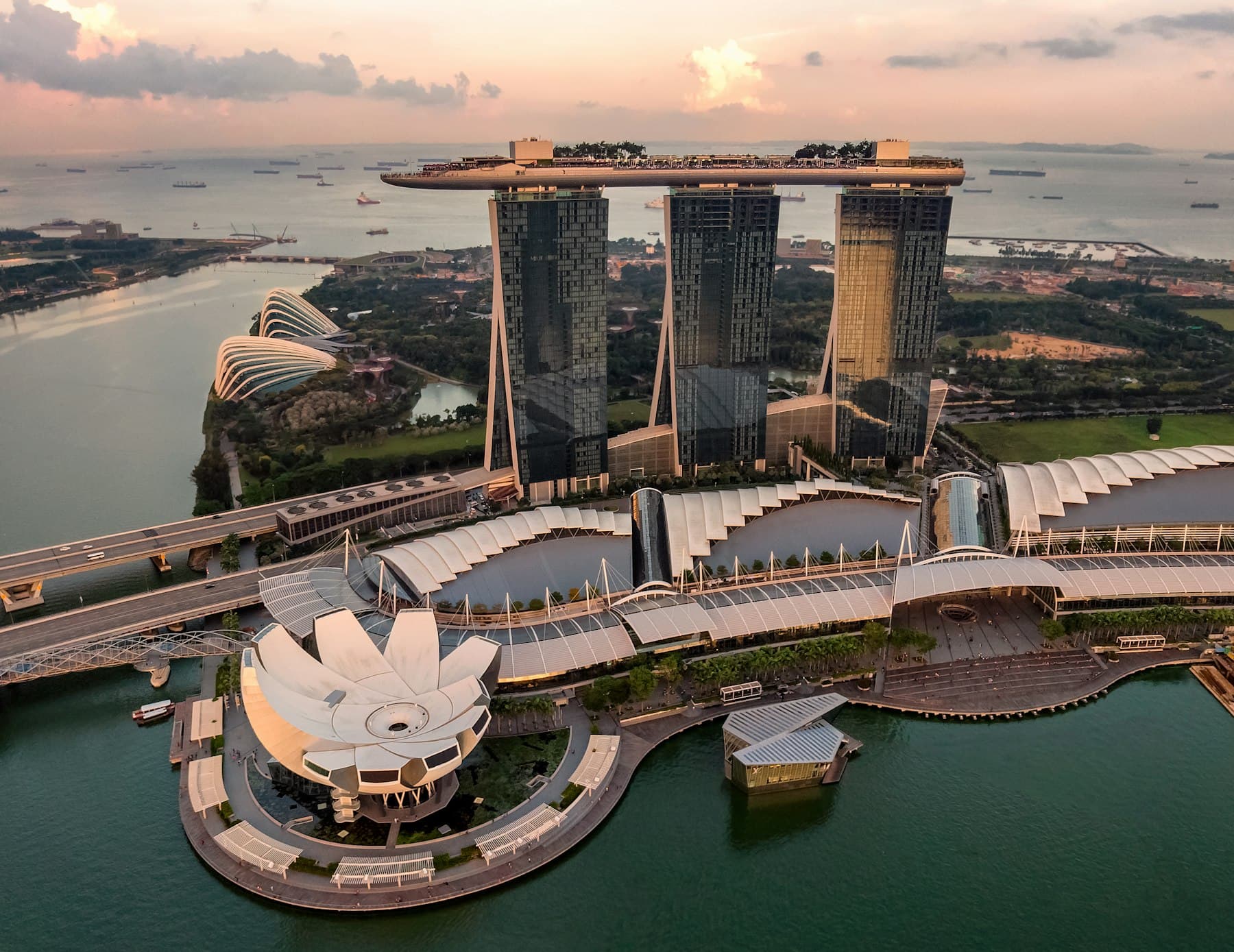 Aerial view of Singapore's Marina Bay at sunset
